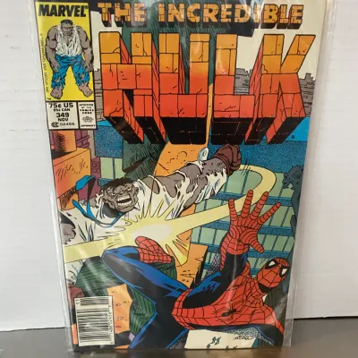 Sale Photo Thumbnail #60: Bagged and boarded copy of Marvel Comics' The Incredible Hulk #349 from November 1988, featuring Spider-Man on the cover.