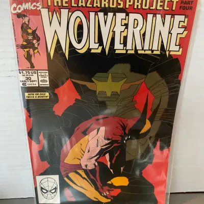 Sale Photo Thumbnail #79: Marvel Comics Wolverine issue #30, published in early September 1990, featuring 'The Lazarus Project Part Four' arc, encased in a protective plastic sleeve.