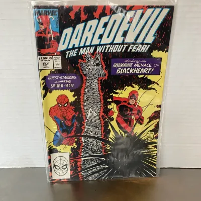 Sale Photo Thumbnail #32: Marvel Daredevil #270 comic book from September 1989, guest-starring Spider-Man and introducing Blackheart, sealed in a protective plastic sleeve.
