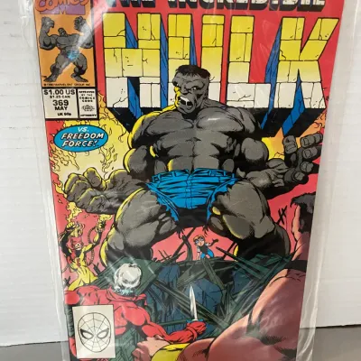 Sale Photo Thumbnail #59: Marvel Comics The Incredible Hulk #369, published May 1990, featuring Gray Hulk vs. Freedom Force cover art.