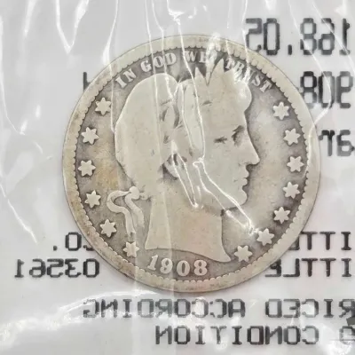 Sale Photo Thumbnail #57: 76 1908 barber silver quarter