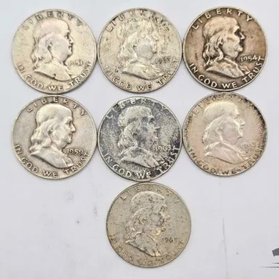 Sale Photo Thumbnail #50: 69 7 1951 1963 franklin silver dollars