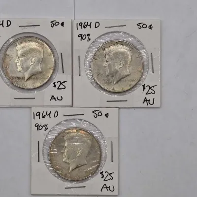 Sale Photo Thumbnail #54: 73 3 1964 d kennedy silver half dollars