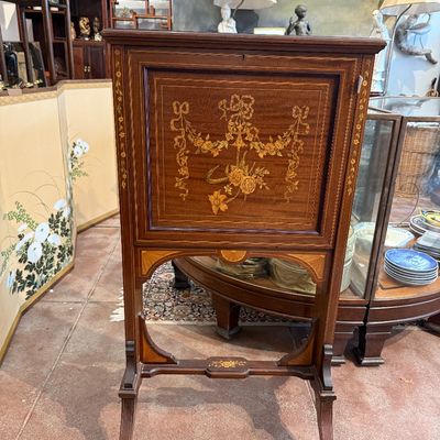 Antique mahogany inlaid drop-front desk featuring elaborate floral marquetry, satinwood stringing, and slender saber legs.