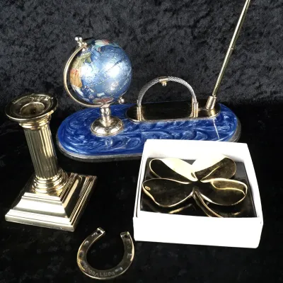 Baldwin Smithsonian Brass Candle Holder, 24k GP Gerity Clover, Globe Desk Set, & Horseshoe