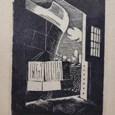 Vintage 1930s "Loading" Modernist Woodcut Print Art
