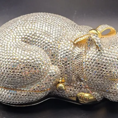 Judith Leiber Cat Minaudiere Evening Bag Set with Comb and Mirror, Signed Plaque