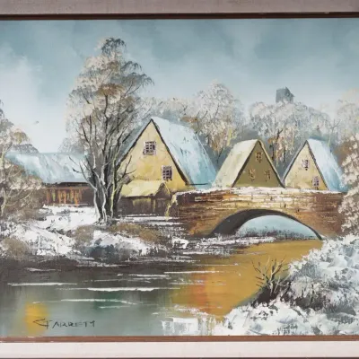 Signed "Garrett" Winter Landscape Oil Painting in Wood Frame