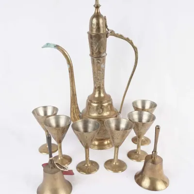 Vintage Indian Brass Engraved Ewer 6 Goblets & 2 Hand Bells 9-Piece Set