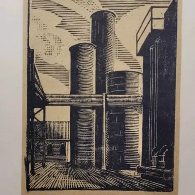 Vintage "Phenol Towers" 1935 Industrial Relief Block Print Art