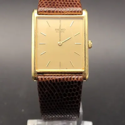 Seiko Quartz Wristwatch, Gold-Tone Rectangular Case, Brown Lizard-Grain Leather Strap