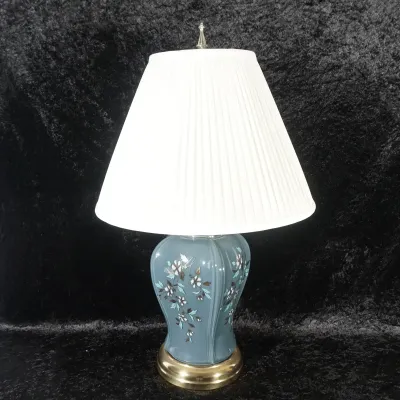 Blue-Gray Floral Glazed Ceramic Table Lamp With Pleated Shade
