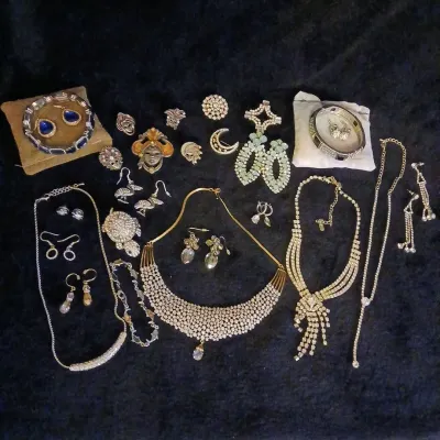 Silver-Tone Rhinestone Costume Jewelry Lot: Bib Necklace, Bracelets, Earrings, Brooches