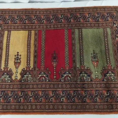 Vintage Hand-Knotted Pakistani Bokhara Prayer Rug with Woven Script Cartouches