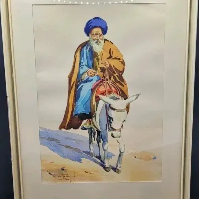 Vintage 1952 Tehran Watercolor Painting V David Studio Hayrapetian Mullah Cleric