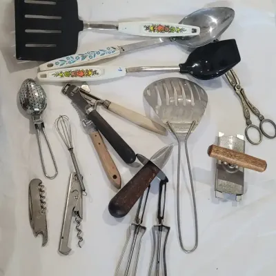 Vintage Kitchen Gadgets and Utensils with Oyster Knives, Corkscrews, Peelers and Serving Tools