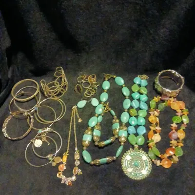 Boho Costume Jewelry Lot: Turquoise-Color Bead Necklaces, Charm Bracelets, Bangles, Color-Change Rin