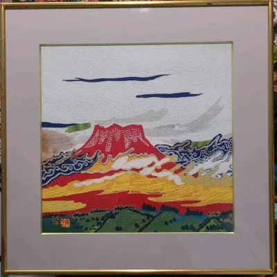 Large Framed Japanese Silk Furoshiki Art 75cm Mt Fuji Tamako Kataoka Style 17x17