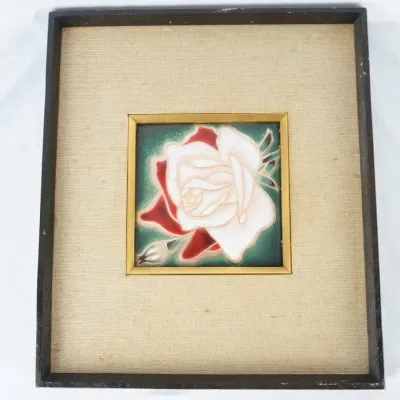 Framed 1939 Japanese Ando (6x6) Cloisonne Rose Plaque Inscribed Backing Showa 14