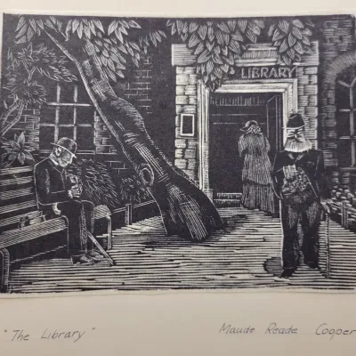 1930s Woodblock Print "The Library" by Maude Reade Cooper | Signed Art