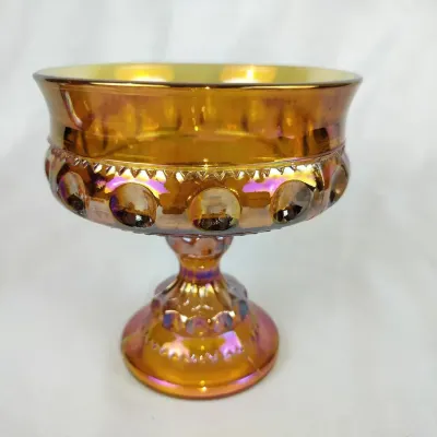 Amber Carnival Glass Compote, Serving Tray, Butter Dish, and Salts