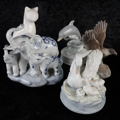 5 Pc Vintage Porcelain Figurines — Royal Heritage American Eagle, Musical Swan & Elephants
