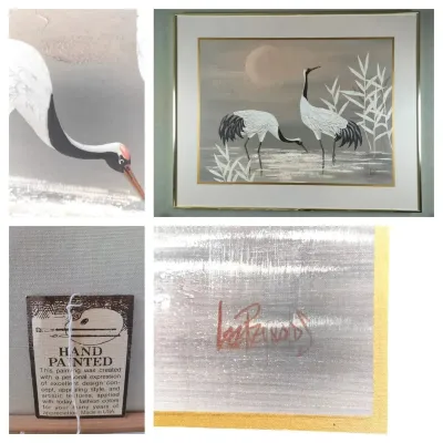 Large Lee Reynolds Burr Signed Painting Cranes In Water Vintage MCM Canvas Art