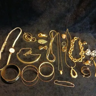 Gold-Tone Costume Jewelry Lot: Cameo Brooch, Rhinestone Pendant, Bangles, Earrings, Strap Watch