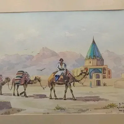 1952 Tehran Watercolor Painting A Sarkissian Studio Hayrapetian Camel Caravan