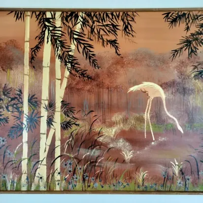 Mid Century Vintage Lee Reynolds Signed Flamingo Oil Painting Large Framed 51x41