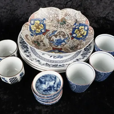 13 Pc Asian Collection — Imari Scalloped Bowl, Blue Willow Plates & Blue/White Sake Cups
