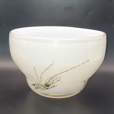Plus Norway Cased White Art Glass Bowl with Gold-Fleck Design, Base Marked Plus Norway