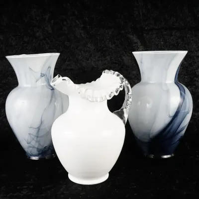 Murano-Style Blue Swirl Art Glass Vase Pair & Fenton Silver Crest Milk Glass Pitcher