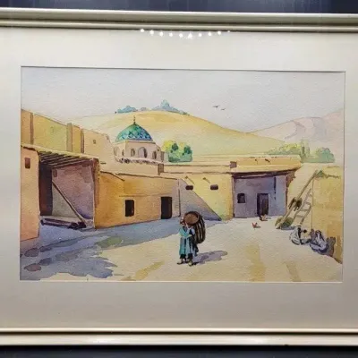 V. David ART Studio Hayrapetian 1956 Tehran Watercolor "Tehran Street" Scene