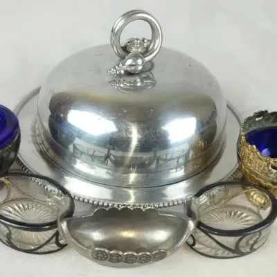 Vintage Silver, Pewter, and Cobalt Glass Salt Cellars With Covered Butter Dish