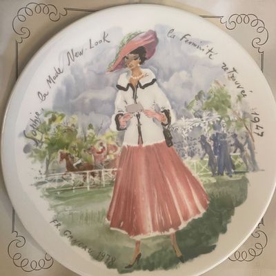 Sale Photo Thumbnail #4: Vintage 1978 French fashion illustration collector plate by Fr. Gancav depicting a woman in 1947 'New Look' attire.