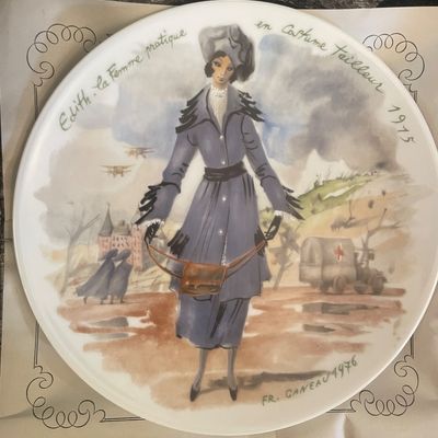 Sale Photo Thumbnail #6: Vintage porcelain decorative plate featuring fashion illustration 'Edith - La Femme pratique en Costume Tailleur 1915' by Fr. Ganeau, dated 1976.