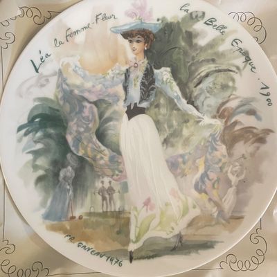 Sale Photo Thumbnail #3: Vintage 1976 collector plate by Francois Ganeau titled "Léa la Femme-Fleur", featuring a Belle Époque style illustration of an elegant woman.