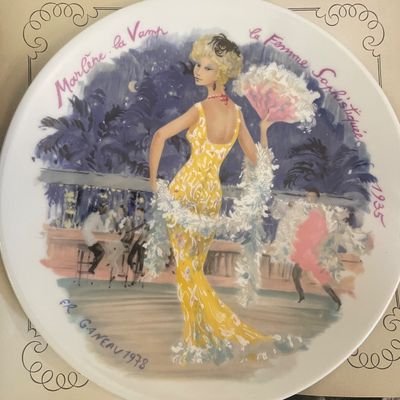 Sale Photo Thumbnail #8: Vintage 1978 decorative collector plate featuring an Art Deco style illustration of 'Marlène, la Vamp', signed by artist Francois Ganeau.