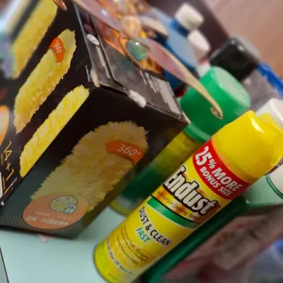 Selection of household cleaning supplies, including a box of Swiffer Dusters refill pads and a can of Endust multi-surface dusting spray.