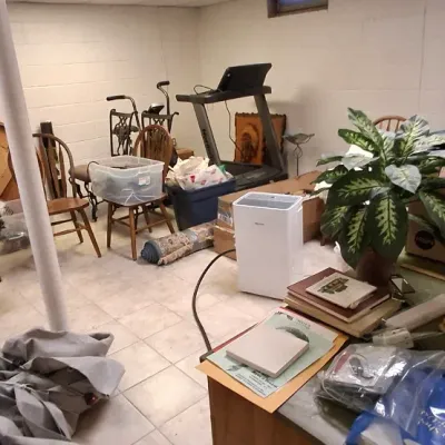 Sale Photo Thumbnail #216: Basement room containing various household items, including a NordicTrack treadmill, wooden chairs, artificial plants, space heater, and storage totes.