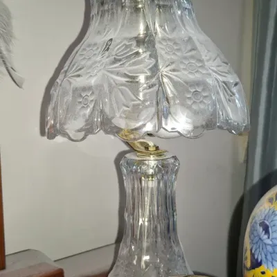 Sale Photo Thumbnail #141: Vintage pressed crystal boudoir table lamp featuring floral etched patterns on a ruffled glass shade.