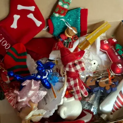 Sale Photo Thumbnail #191: Cardboard box filled with assorted Christmas ornaments and dog-themed holiday decorations, including mini stockings, bone-shaped ornaments, and figurines.