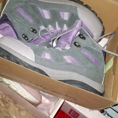 Sale Photo Thumbnail #280: Pair of women's gray and purple suede hiking boots, presented in their original shoe box.