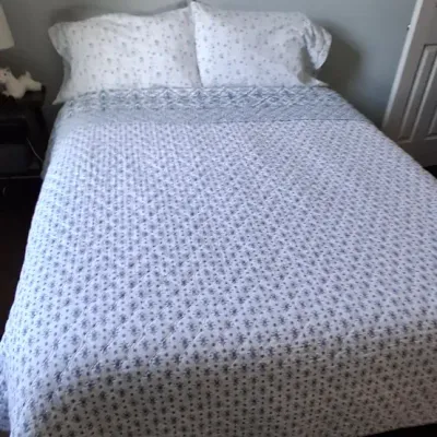 Sale Photo Thumbnail #49: Full-size bed outfitted with a blue and white patterned quilt set and matching pillow shams.