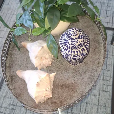 Sale Photo Thumbnail #23: Decorative metal oval tray filled with sand, holding two large conch shells, a blue and white Talavera-style jar, and a potted faux plant.