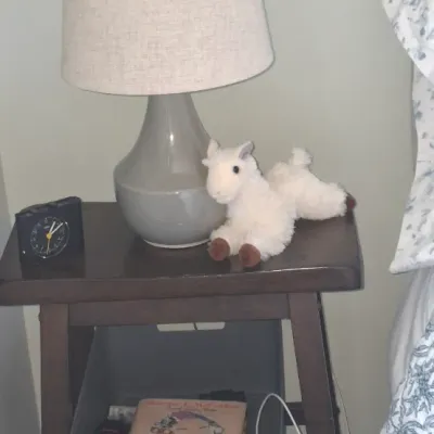 Sale Photo Thumbnail #54: Dark wood square nightstand styled with a grey teardrop ceramic lamp, small black clock, and a white plush animal.