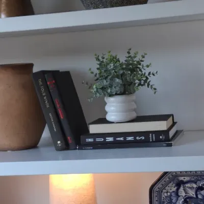 Sale Photo Thumbnail #29: Decorative white shelf featuring a rustic terracotta pitcher, modern hardcover books, and a faux potted plant in a ribbed ceramic pot.