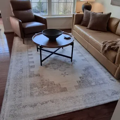 Sale Photo Thumbnail #5: Contemporary living room set featuring a tan leather sofa, brown leather accent armchair, round wooden coffee table with a metal base, and a large neutral patterned area rug.