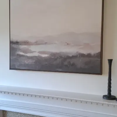 Sale Photo Thumbnail #18: Large contemporary impressionist abstract landscape wall art in a thin wood float frame, displayed above a fireplace mantel.
